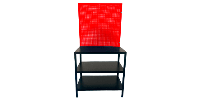 MESA DE TRABAJO NEGRO ROJO 50cm X 100cm X 200 cm INCLUYE TABLERO Y 20 GANCHOS